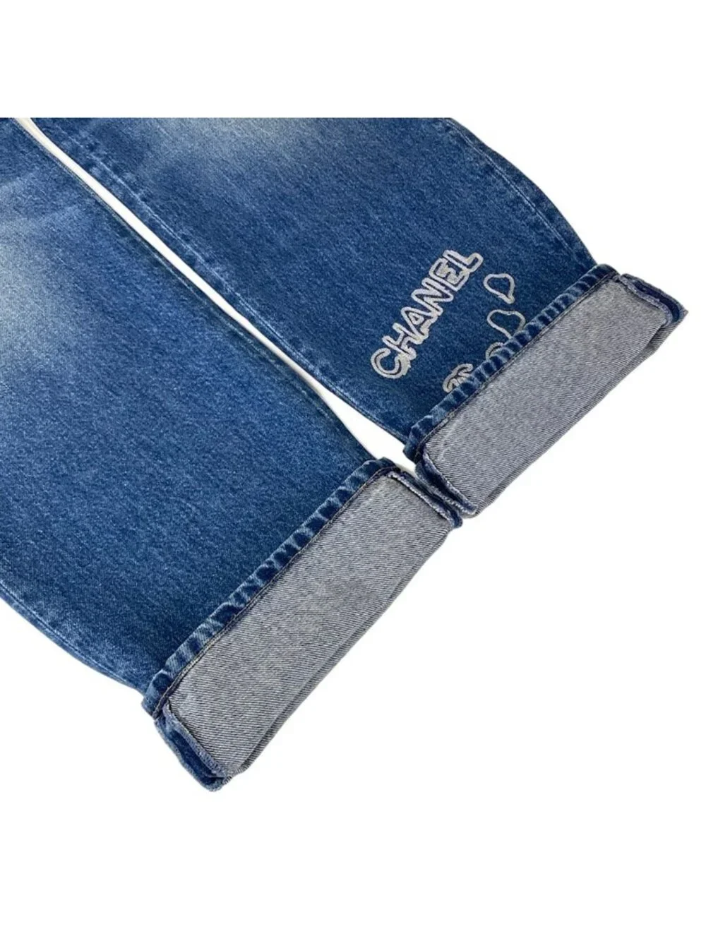 Chanel Jeans 36 S Blue Embroidery Denim Heart Coco Cotton
